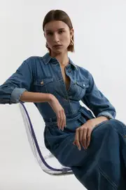 Petite Denim Tailored Collared Belted Dress