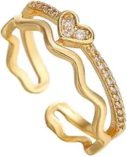 [Rrdaily] Open Adjustable Ecg Love Ring 18k Gold Plated Zircon Heart Ring for Women Girls Birthday Valentine'S Day Gifts