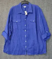 Talbots Shirt Womens Size 3XL Navy 100% Linen Button Front Long Sleeve Top NWT