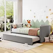Acosure Twin Size Velvet Upholstered Daybed with Pop Up Trundle,Bed Frame W/Backrest and Two Armrests,Twin to King Design,for Bedroom,Apartment,Guest Room,Kids Room,Gray