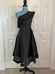 NWT Adrianna Papell One-Shoulder Black Mikado Organza Ruffle Dress Size 4