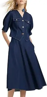 [GOELIA] 2 Piece Denim Outfits Skirt Sets for Women Casual V-Neck 3/4 Sleeve Tops and Midi A Line Skirts Sets Spring Suits