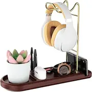 ATSKIM Wooden Headphone Stand for Desk, Headset Holder with Storage Base, Game Controller and Headset Stand for Airpod Max and More, Desktop Headphone Hanger for Gaming, Office (Gold)