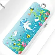 Bath Mat for Tub for Kids,with Suction Cup Drain Holes 40x16 inch Non Slip Cute Cartoon Kids Bathtub Mat,Machine Washable for Bathroom Children (Dolphins-1)