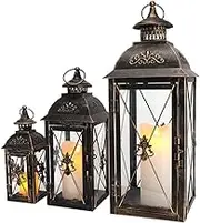 TRIROCKS Set of 3 Decorative Hanging Lantern 19'' High Vintage Metal Candle Holder with Clear Glass Perfect for Living Room Garden Yard Patio Parties Events Indoors Outdoors (Black)
