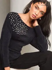 Lipsy Black Diamonte Placement Bardot Knitted Jumper (E89819) | $52