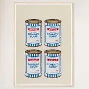 Galrie Banksy Four Soup Cans Art Print - Gold on Cream, 2005 Limited Edition, Wood Frame, A3 30 x 42cm (12 x 16inch)