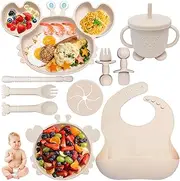 Kinyoda 10-Piece Silicone Baby Crockery Set, Non-Slip Children's Crockery Set with Suction Cup, Baby Feeding Set with Spoon, Fork, Bowl, Bib, Cup, Drinking Cup, Plate, Silicone Tableware Baby (Beige)