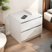 Bedside Table Bedroom Warm White Minimalist 2 Drawers Handle-Free Design 47x39x48cm