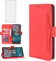 [Asuwish] Compatible with Nokia C12 Wallet Case and Tempered Glass Screen Protector Card Holder Stand Leather Flip Cell Accessories Phone Cover for nokiaC21 Women Men Red