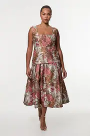 Plus Size Floral Jacquard Strappy Full Skirted Tailored Maxi Dress