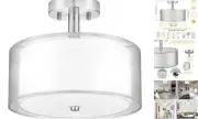 Silver Semi Flush Mount Ceiling Light Fixture, 3-Light Drum Light with Double