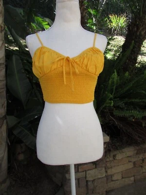 Forever 21 Summer Smocked Yellow Tank Top Crop Shirred Sweetheart Neck Rayon S