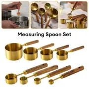 8Pcs Measuring Spoon Set Wooden Handle Stainless Steel Measuring Cups Spoons