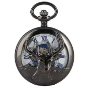 Men's Mechanical Pocket Watch Black Engraved Skeleton Dial with Chain Goat Watch