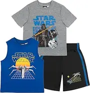 [STAR WARS] Boys 3 Piece Short Set Short Sleeve Shirt Tank Top Shirt and Shorts 3 Pack Bundle Set for Kids Toddlers