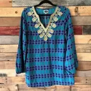 Mud Pie Blue Peacock‎ Embroidered Tunic Top Size Medium