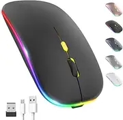 LED Wireless Mouse, Rechargeable Slim Silent Mouse 2.4G Portable Wireless Bluetooth Mouse Dual Mode with USB Receiver and Type C Adapter, 3 Adjustable DPI for Notebook, PC, Laptop (Black)