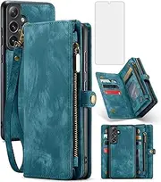 Asuwish Phone Case for Samsung Galaxy S24 Plus S24+ 5G Zipper Wallet Detachable Cover with Tempered Glass Screen Protector and Flip Credit Cash Card Holder Cell S24plus 24S + S 24 24+ Women Men Blue