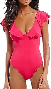 [Bsetree] AdoreShe Women's Sexy V-Plunge One-Piece Swimsuit,Studio Solids Ruffle Sleeve Swimwear Bathing Suit, Fuchsia, 24