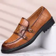 Men's Brown Faux Leather Loafers with Crocodile Pattern – Slip-On Business Casual Shoes for Office Evening Wear