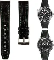 [Strapseeker] Alligator-Embossed Paramount Curved End Premium Silicone Rubber Watch Bands- Compatible with Omega Swatch Moonwatch, Tudor Black Bay, Rolex- 20mm, 22mm - Crocodile Embossed Waterproof Rubber Watch Straps (22mm, Black with White Stitch)