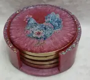 Handmade Resin Coasters Gift Set Colorful Rooster's Set Of 4 With Holder