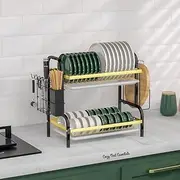 COZY 2 Tier Dish Rack | dish drying rack over sink for kitchen essentials | Dish rack with draining tray | Cutlery drainer with Board Holder Drain Board Tray | Metal Shelf Plate Rack