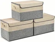TOJUNE 3 Pack Foldable Storage Box with Lids and Handles, L38 x W25 x H25 cm, Linen Organizers, Clothes Organizers Basket, Capacity 24 L (Gray + Beige)