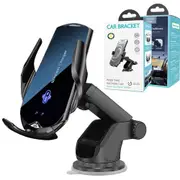 15W Fast Charging Auto Clamp Car Phone Wireless Charger Windshield Holder Mount Smart Sensor Mount Smartphone Holder (Black)