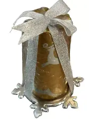 Gold with silver reindeer Candle & silver colored wreath Base NIP 6”