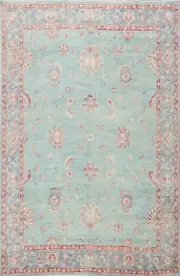 Light Turquoise Floral Oushak Oriental Area Rug 8x10 Wool Handmade Turkish Rug