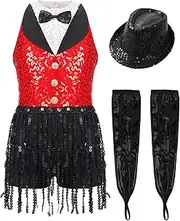 [RUNQHUI] Sparkly Tuxedo Bodysuit Latin Dance Outfits for Girls Tassels Fringe Leotard with Gloves Hat Set Red&Black 16 Years