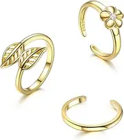 [MUSECLOUD] 14K Gold Plated Toe Rings For Women 925 Sterling Silver Open Tail Rings Leaf Flower Knuckle Stackable Rings Simple Snake Adjustable Toe Rings Summer Beach Foot Jewelry Set