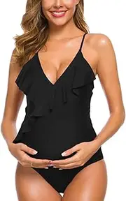 [Tempotrek] Maternity Swimsuits One Piece Ruffle Flounce Swimwear Halter Bikini Swimsuit Deep V Neck Bathing Suits