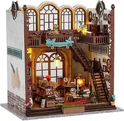 UONNO DIY Miniature House Kit: Retro Two-Story Book Store Book Nook with LED Light & Furniture, Dollhouse Craft Kit for Adults, Handmade Tiny House Model, Birthday Ideal Gifts