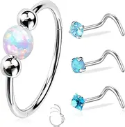 [Lubgitsr] 4pcs Stainless Steel Nose Rings Set, 18g Opal Nose Rings, 20g Nose Studs Screws, 316l Surgical Steel Hypoallergenic Piercing Jewelry For Nose Ring, Septum Ring, And Cartilage Earring, About 1cm / 0.4