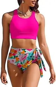 [AI'MAGE] Womens High Waisted Bikini Set Tummy Control 2 Piece Bathing Suit Modest Racerback Swimsuit 2025 with Tie Side Knot
