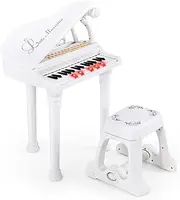 HONEY JOY 31 Keys Kids Piano Keyboard with Stool, Multifunctional Toy Piano with Microphone, Piano Lid, LED Teaching Mode, Record & Play Function, Electronic Musical Instrument Toy for Kids (White)