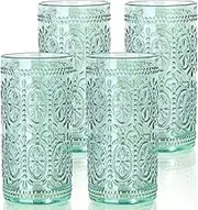 abrwyy Green Drinking Glasses Set of 4, Vintage Drinking Glasses, Colored Glassware Drinking, Highball Beverage Glasses Cup, Vintage Glassware Set for Water, Juice, Cocktail, Coffee
