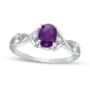Oval Amethyst and Natural Diamond Accent Twist Ring in Sterling Silver
