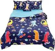 Megamayga Dinosaur Comforter Full Size for Boys Kids Cute Cartoon Dinosaur Bedding Full Set 6 Pieces Kids Bed in A Bag Dinosaur Comforter Set with Sheets Colorful Stars Rainbow Print 3D Dino Bedding