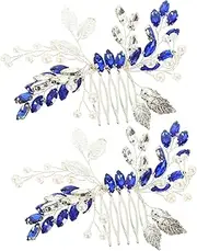 CANIGHT 2 pcs Blue Rhinestone Hair Comb Elegant Leaf Bridal Hair Side Combs for Weddings