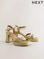 Lime Green Forever Comfort® Leather Square Toe Strappy Buckle Detail Platform Block Heels (AW9933) | $101