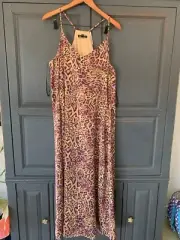 Nicole Miller Leopard Print Maxi Dress Size L Satin Spaghetti Strap Built-in-bra