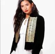 Boohoo Amy Boutique Velvet Admiral Jacket Military Embroidered Black Size 10