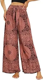 [Nuofengkudu] Women Boho Wide Leg Trousers Smocked High Waisted Belted Summer Flowy Hippie Patterned Rayon Lightweight Lounge Pants Casual Holiday Beach Party