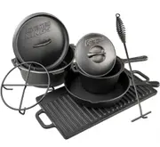 KINGS Cast Iron Cooking Set Dutch Oven Skillet Griddle Saucepan Trivet & Lifter