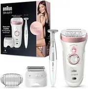 Braun Silk-épil 9-890 Epilator for Long-Lasting Hair Removal Includes a Bikini Styler High Frequency Massage Cap Shaver and Trimmer Head Cordless Wet and Dry Epilation for Women, 2 Pin Plug