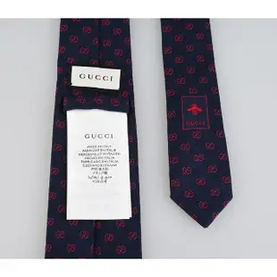 【GUCCI 古馳】GUCCI迷你GG緹花LOGO蠶絲羊毛領帶(窄版/海軍藍x紅字)